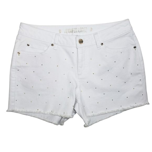 JENNIFER LOPEZ Gold Studded Stretch High Rise Denim Shorts White Size 4 - Picture 1 of 7